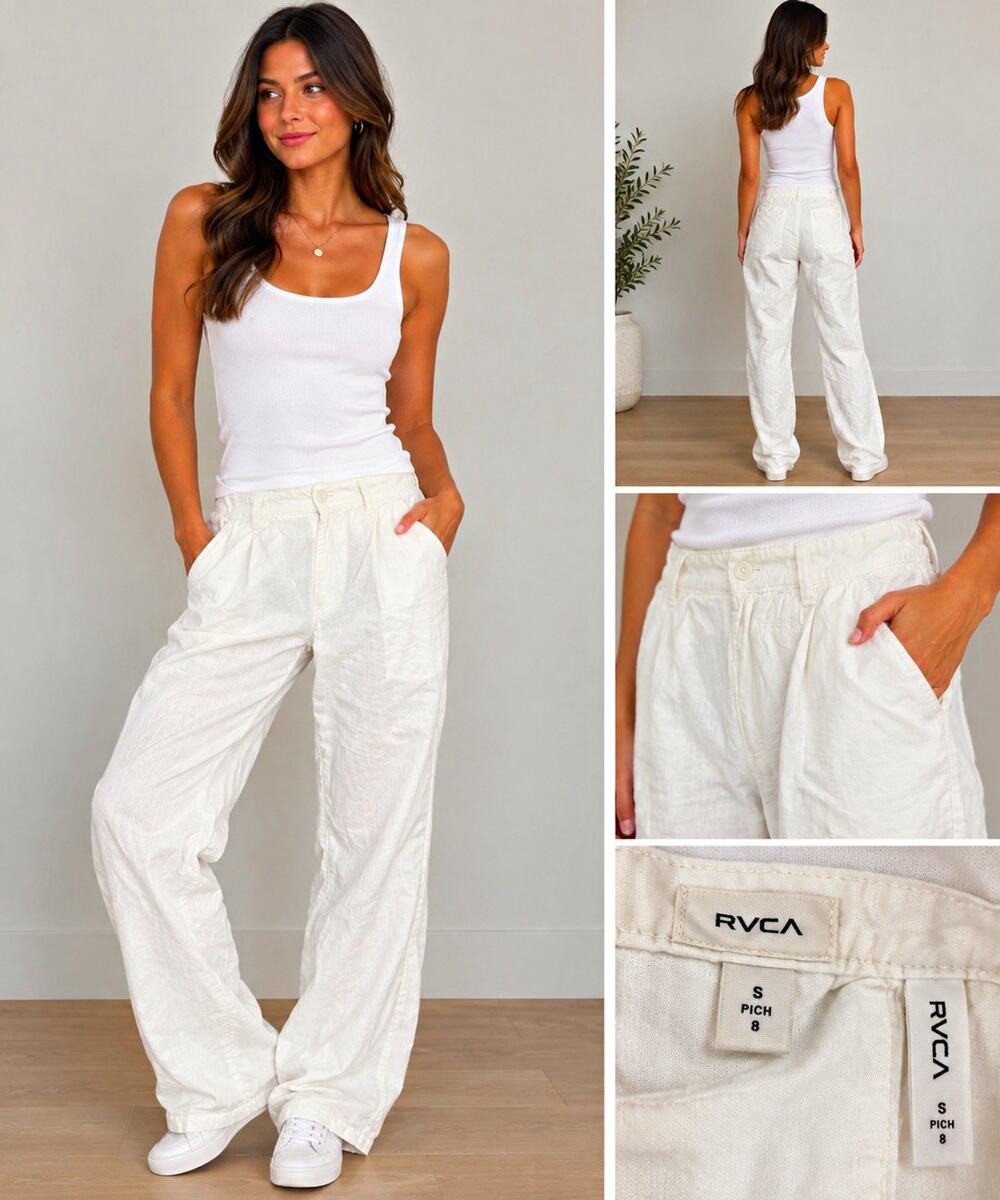 RVCA Women’s White Solid Pants Regular Fit Pockets Button Zip Size S